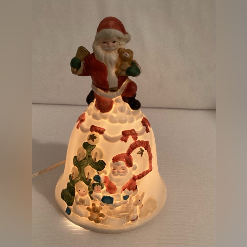 Christmas Vintage Lamp/ Lantern Ceramic Bell with Santa Figurines and Friends